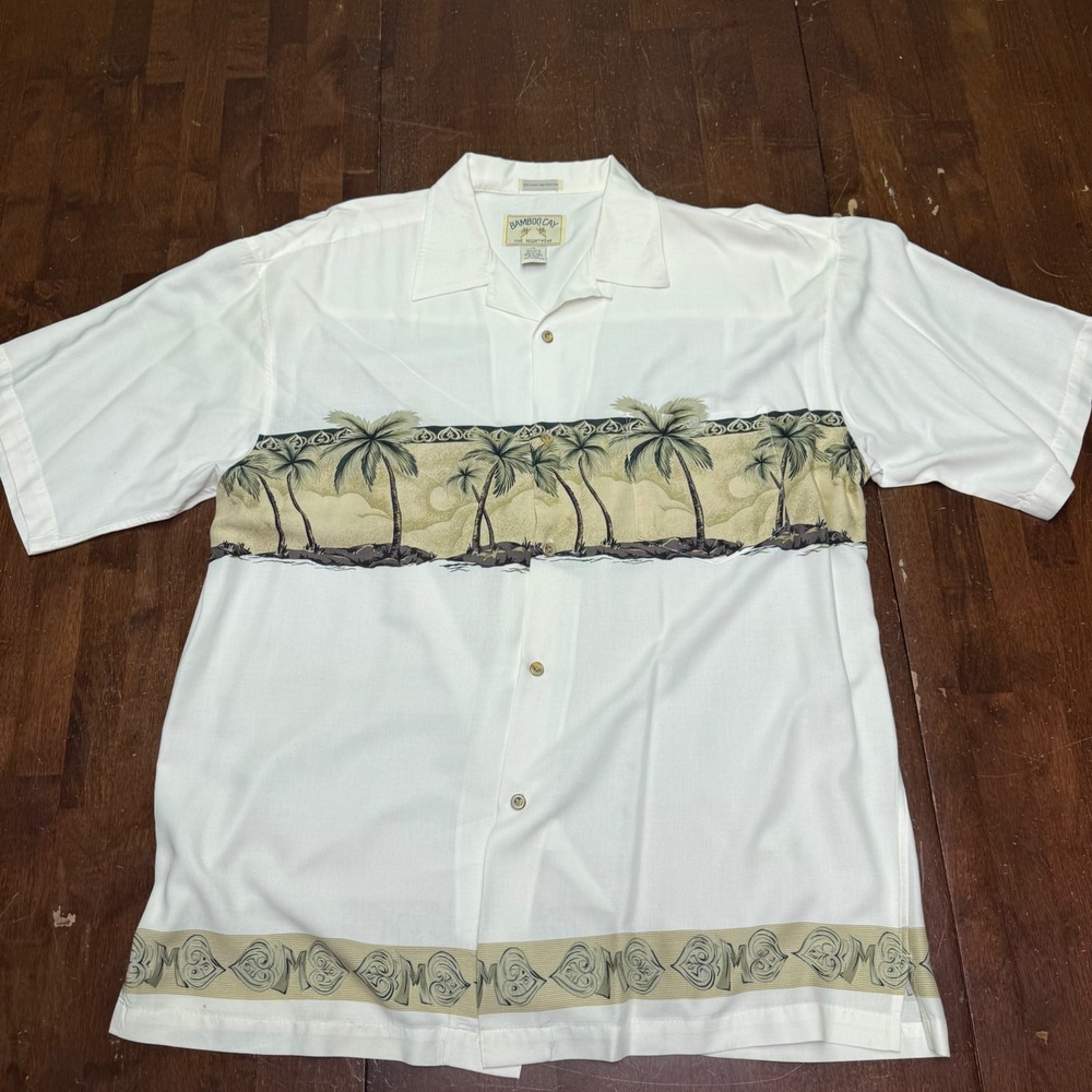Bamboo Cay Camp Shirt Mens XL White Palm Tree Border Print Rayon‎ Hawaiian